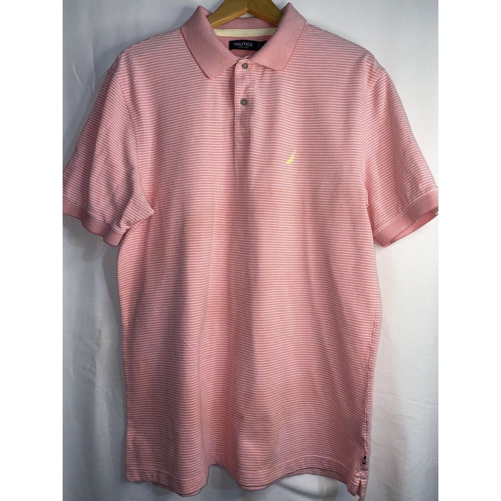 Vintage Nautica Polo Shirt‎ Mens XL  Pink Striped Short Sleeve Cotton Comfort